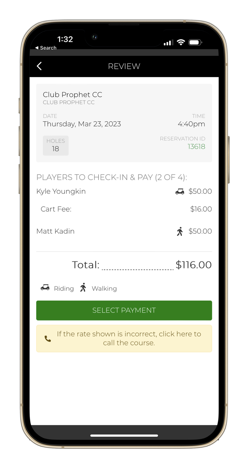 Conveniently pay for your round through mobile check-in