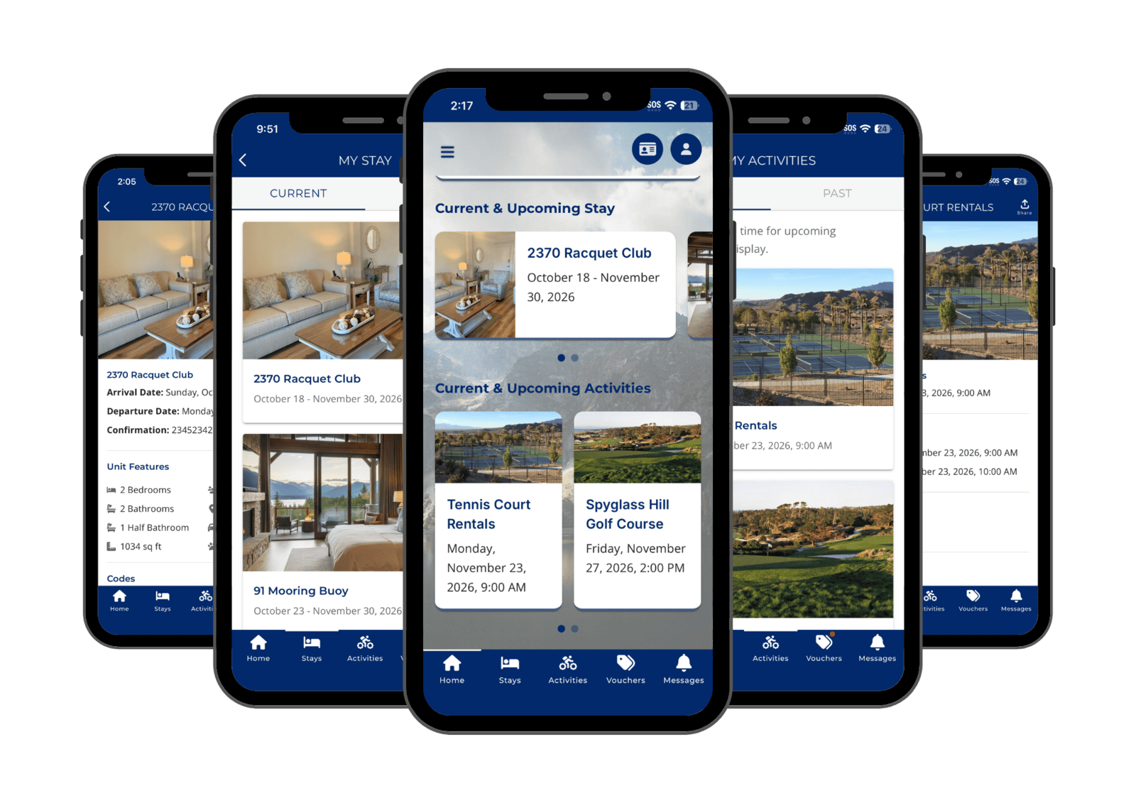 Resort mobile app showing guest's upcoming stays and activities
